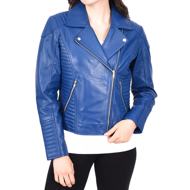 Womens Designer Leather Biker Jacket Fitted Quilted Bonita Blue-1