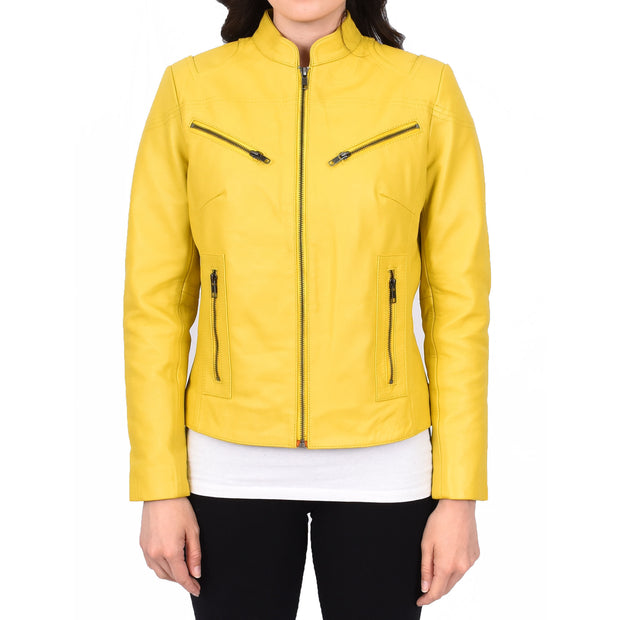 Womens Fitted Leather Biker Jacket Casual Zip Up Coat Jenny Yellow-1