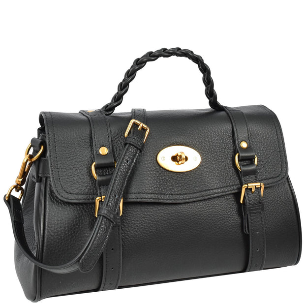 Womens Leather Handbag Top Handle Satchel with Braided Handle Casual Fashion Bag Swag Black