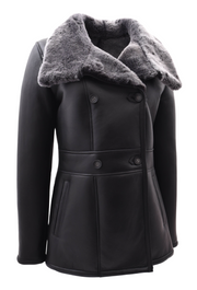 Womens Real Sheepskin Coat Black Double Breasted Grey Merino Shearling Donna