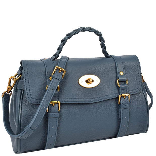Womens Leather Handbag Top Handle Satchel with Braided Handle Casual Fashion Bag Swag Navy