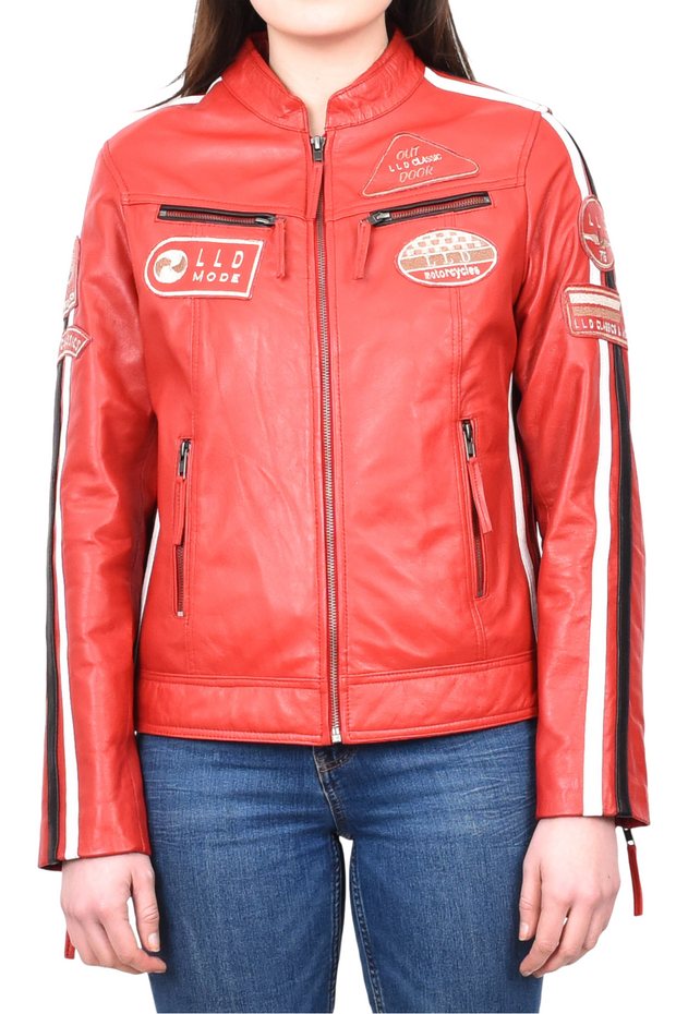 Womens Real Red Leather Cafe Racer Biker Jacket Motorcycle Retro Badges Abby