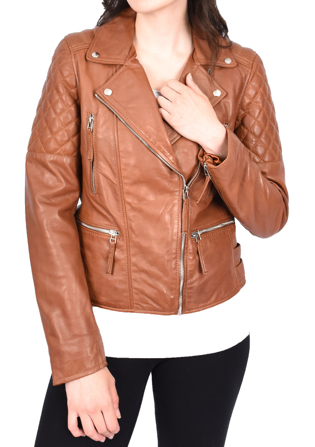 Womens Real Leather Jacket X-Zip Biker Style Fitted Quilted Liz Cognac