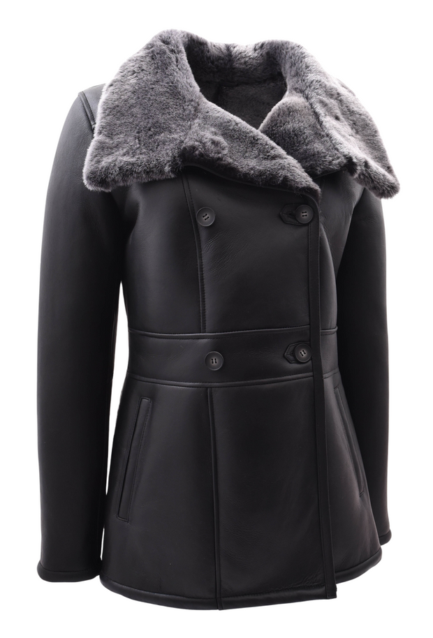 Womens Real Sheepskin Coat Black Double Breasted Grey Merino Shearling Donna