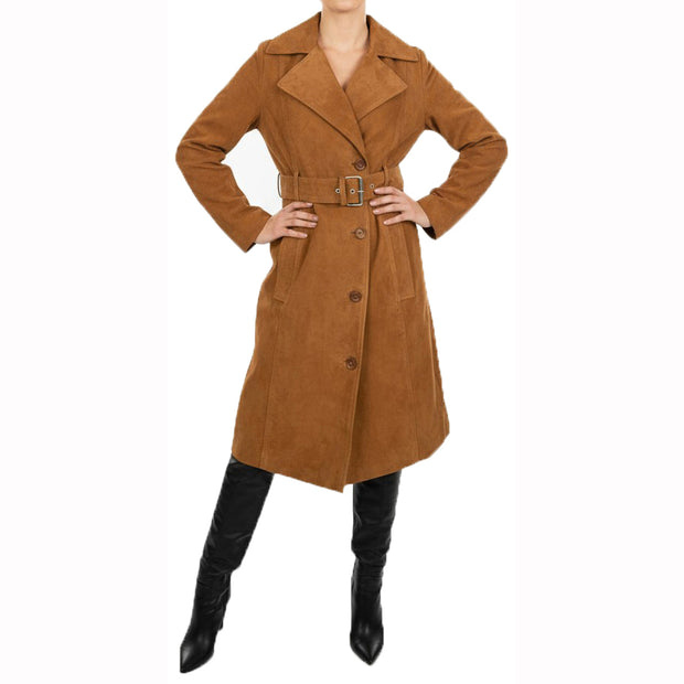 Women's Fine Goat Suede Trench Coat Below Knee Length, Belted Waist Long Jacket, Classic Style Rona Cognac