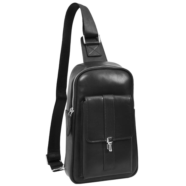 Mens Genuine Leather Medium Size Chest Bag Cross Body Style Sling Bag Smith Black