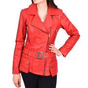Womens Red Leather Belted Jacket Hip Length With Zip Details Sandra
