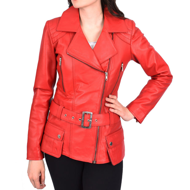Womens Red Leather Belted Jacket Hip Length With Zip Details Sandra