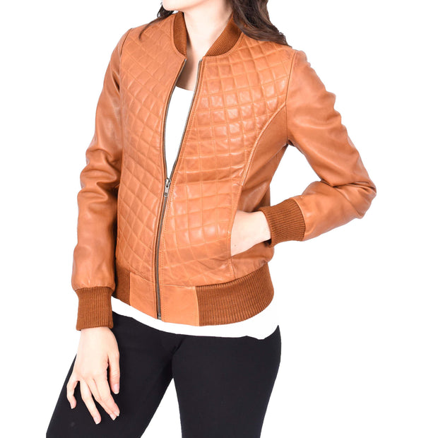 Womens Real Leather Bomber Jacket Tan Diamond Quilted Fitted Varsity Storm