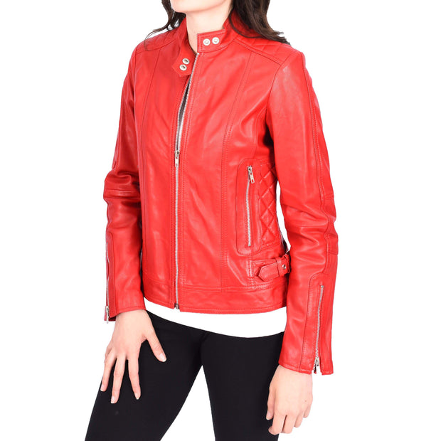 Womens Soft Red Leather Biker Jacket Designer Stylish Fitted Quilted Celeste