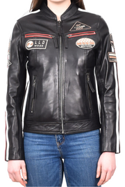 Womens Real Black Leather Cafe Racer Biker Jacket Motorcycle Retro Badges Abby