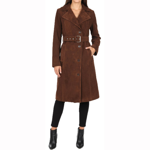Women's Fine Goat Suede Trench Coat Below Knee Length, Belted Waist Long Jacket, Classic Style Rona Brown