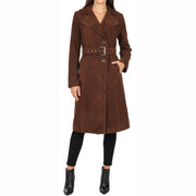 Women's Fine Goat Suede Trench Coat Below Knee Length, Belted Waist Long Jacket, Classic Style Rona Brown