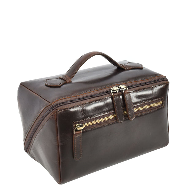 Leather Toiletry Bag Brown Travel Wash Bag, Men's Cosmetic and Shaving Kit Organiser with Multiple Zipped Compartments Unity
