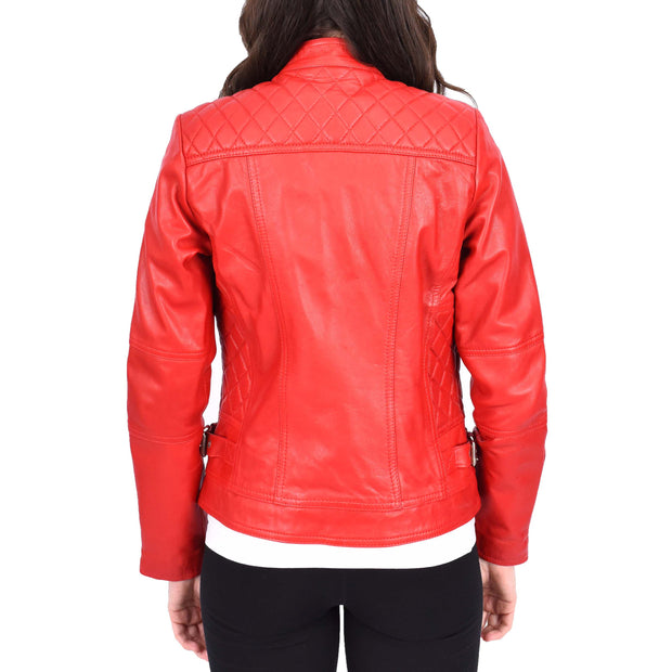 Womens Soft Red Leather Biker Jacket Designer Stylish Fitted Quilted Celeste