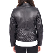 Trendy Black Leather Biker Jacket For Women Quilted Fitted Band Collar Penny