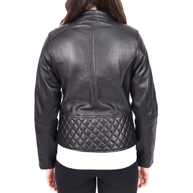 Trendy Black Leather Biker Jacket For Women Quilted Fitted Band Collar Penny