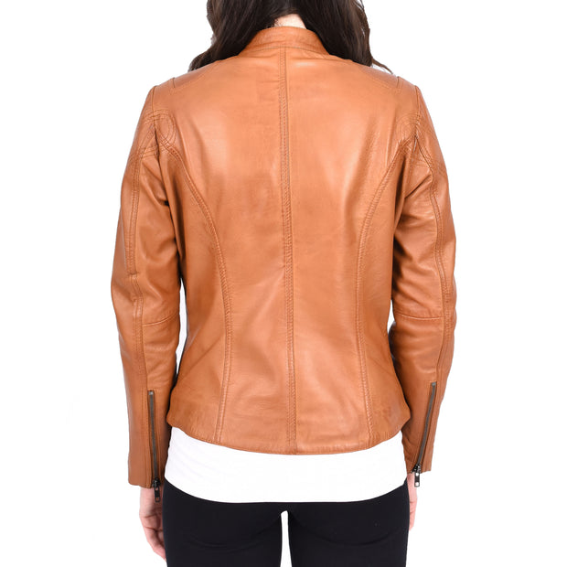 Womens Fitted Leather Biker Jacket Casual Zip Up Coat Jenny Tan-2