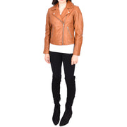 Womens Designer Leather Biker Jacket Fitted Quilted Bonita Tan-2