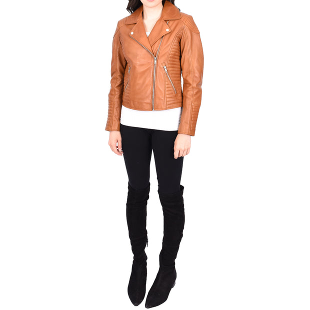Womens Designer Leather Biker Jacket Fitted Quilted Bonita Tan-2
