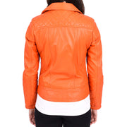Womens Real Leather Jacket Orange Fitted Quilted Trendy Biker Style Bonnie-2