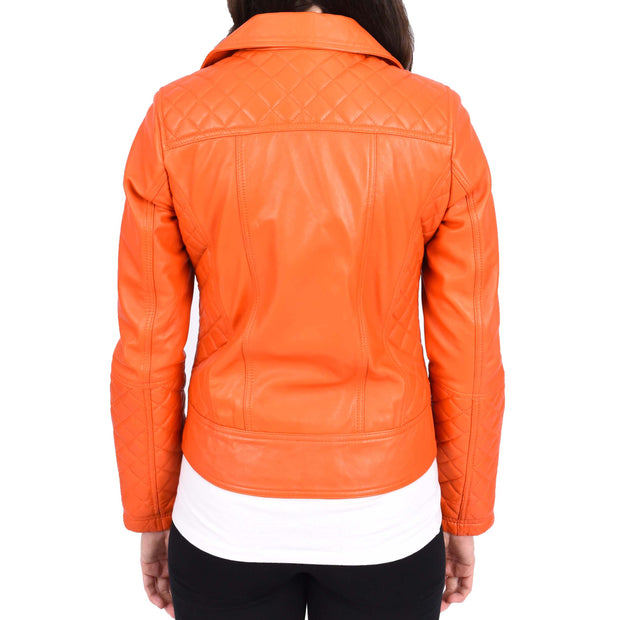 Womens Real Leather Jacket Orange Fitted Quilted Trendy Biker Style Bonnie-2