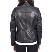 Womens Soft Leather Biker Jacket Fitted Zip Fasten Band Collar Casual Style Mia Black