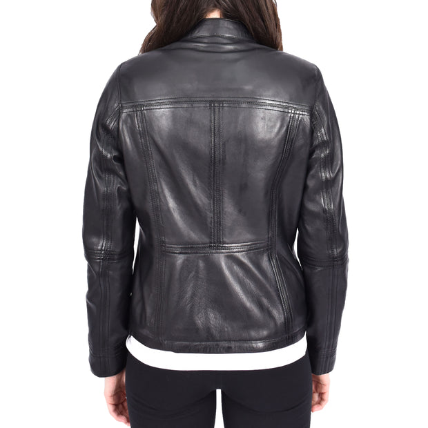Womens Soft Leather Biker Jacket Fitted Zip Fasten Band Collar Casual Style Mia Black