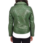 Womens Real Leather Jacket Green Fitted Quilted Trendy Biker Style Bonnie=2