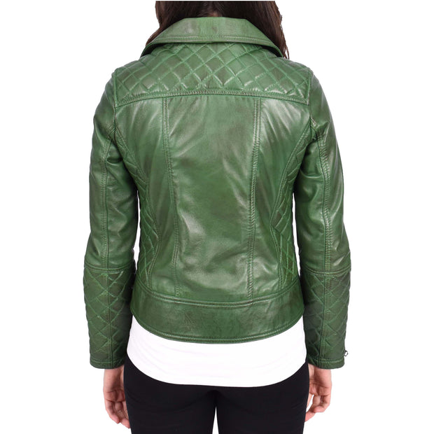 Womens Real Leather Jacket Green Fitted Quilted Trendy Biker Style Bonnie=2