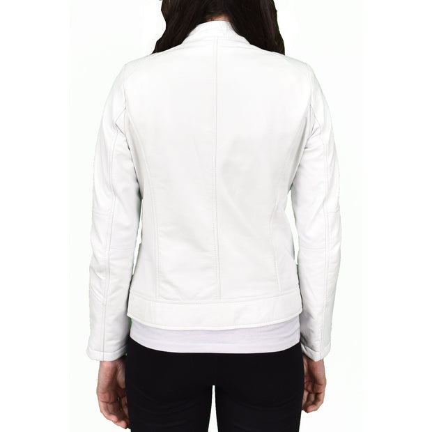 Womens Genuine Leather Biker Jacket Zip Casual Naomi White-2