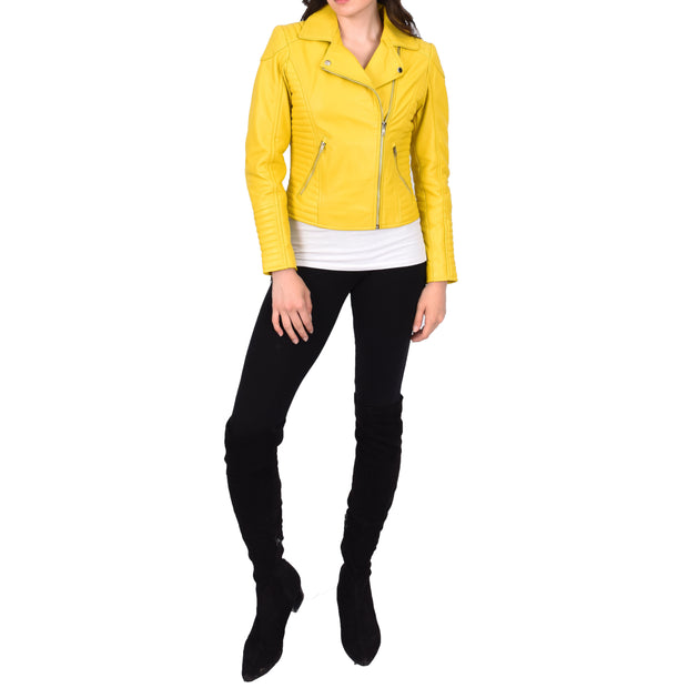 Womens Designer Leather Biker Jacket Fitted Quilted Bonita Yellow-2
