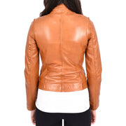 Womens Soft Cognac Leather Biker Jacket Stand-Up Band Collar Bliss