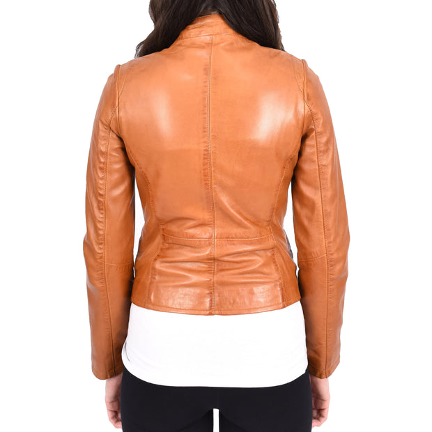 Womens Soft Cognac Leather Biker Jacket Stand-Up Band Collar Bliss