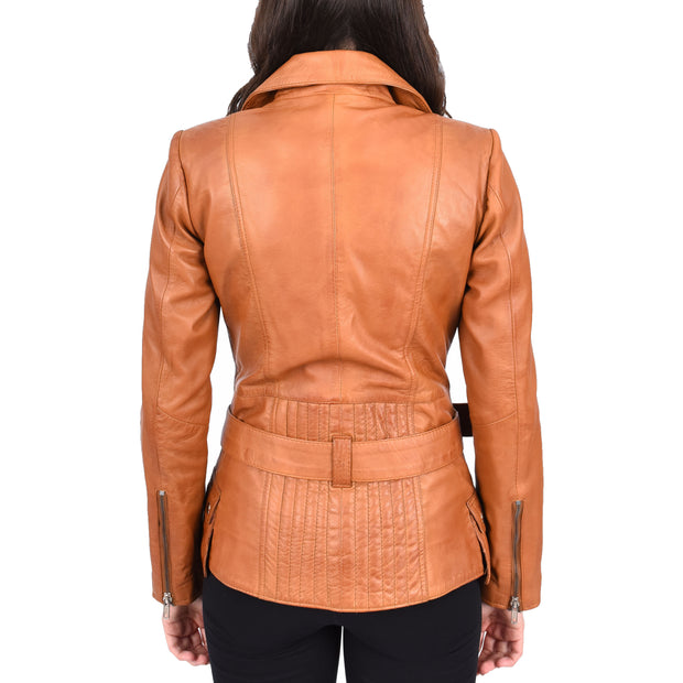 Womens Tan Leather Belted Jacket Hip Length With Zip Details Sandra