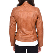 Womens Soft Tan Leather Biker Jacket Designer Stylish Fitted Quilted Celeste