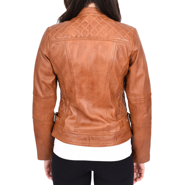 Womens Soft Tan Leather Biker Jacket Designer Stylish Fitted Quilted Celeste