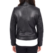 Womens Soft Black Leather Biker Jacket Stand-Up Band Collar Bliss