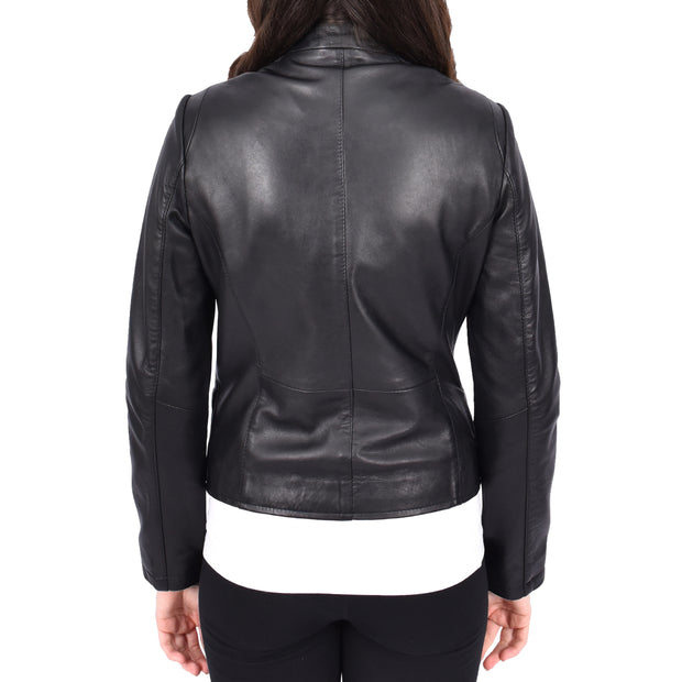 Womens Soft Black Leather Biker Jacket Stand-Up Band Collar Bliss