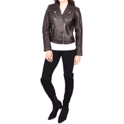 Womens Designer Leather Biker Jacket Fitted Quilted Bonita Brown-2