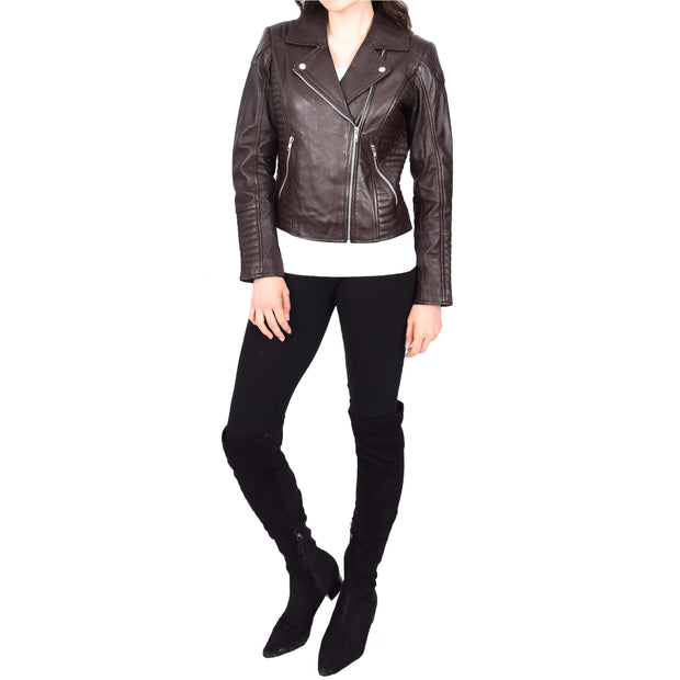 Womens Designer Leather Biker Jacket Fitted Quilted Bonita Brown-2