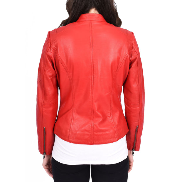 Womens Fitted Leather Biker Jacket Casual Zip Up Coat Jenny Red