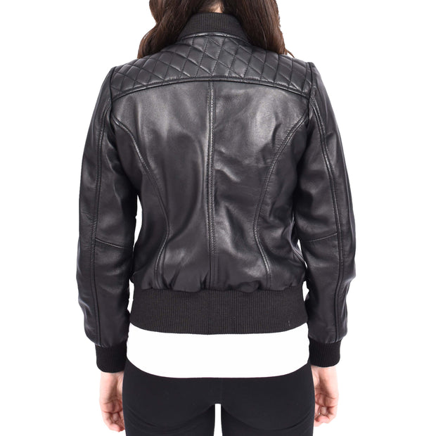 Womens Real Leather Bomber Jacket Black Diamond Quilted Fitted Varsity Storm