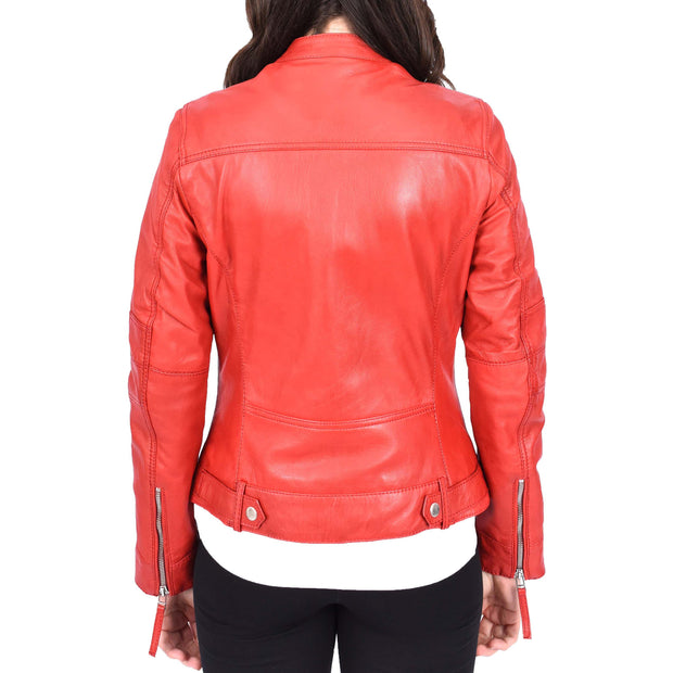 Womens Soft Leather Biker Jacket Red Casual Fitted Trendy Stylish Zoe