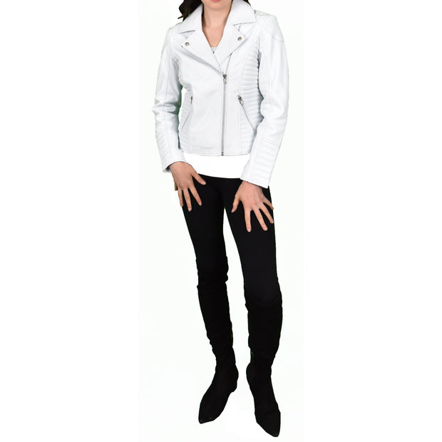 Womens Designer Leather Biker Jacket Fitted Quilted Bonita White-2