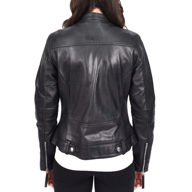 Womens Soft Leather Biker Jacket Black Casual Fitted Trendy Stylish Zoe