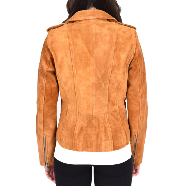 Womens Genuine X-Zip Fitted Biker Tan Suede Leather Jacket Rusty