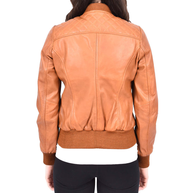 Womens Real Leather Bomber Jacket Tan Diamond Quilted Fitted Varsity Storm