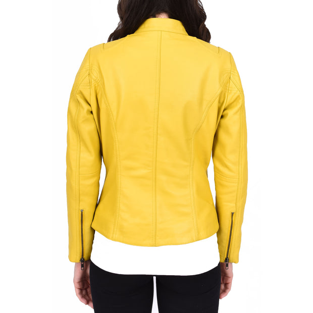 Womens Fitted Leather Biker Jacket Casual Zip Up Coat Jenny Yellow-2