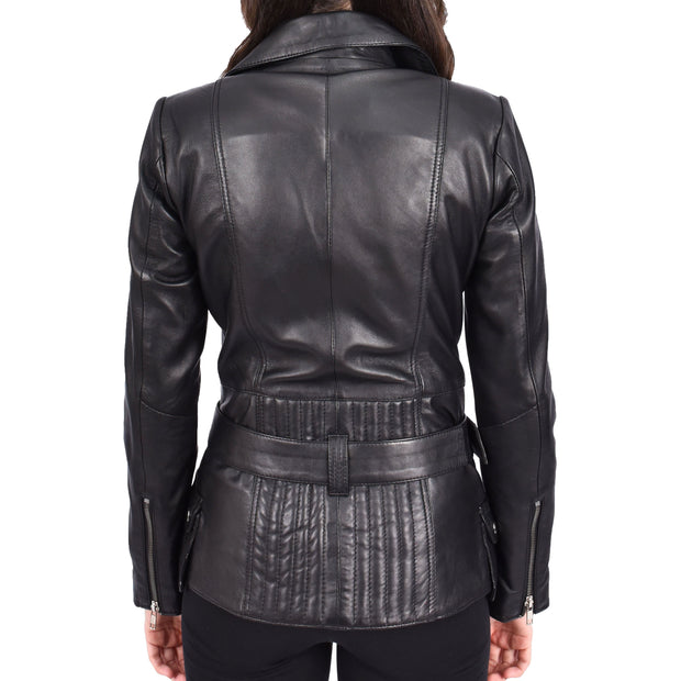 Womens Black Leather Belted Jacket Hip Length With Zip Details Sandra-2